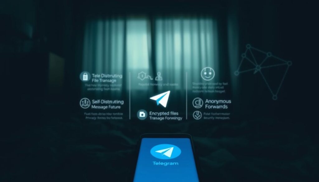 A dimly lit room, filled with the soft glow of a smartphone screen. In the foreground, the Telegram app logo stands out, its iconic paper plane symbol radiating a sense of privacy and security. The middle ground showcases an array of privacy-focused features, such as self-destructing messages, encrypted file transfers, and anonymous forwarding. In the background, a subtle network of interconnected nodes and cryptographic symbols subtly hint at the underlying technology that powers Telegram's advanced privacy protections. The overall atmosphere is one of digital intimacy and personal control, conveying the enhanced privacy and security options available within the Telegram APK.