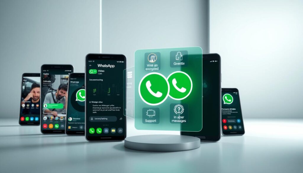 A high-resolution, photorealistic image of the latest features in the WhatsApp APK for Android. The foreground depicts a group of smartphone screens showcasing various WhatsApp functions such as voice/video calls, end-to-end encrypted chat, document sharing, and location tracking. The middle ground features a holographic display with infographic-style icons representing advanced features like multi-device support, disappearing messages, and in-app shopping. The background has a sleek, futuristic setting with a minimalist design, soft lighting, and a subtle gradient providing depth and atmosphere. The overall scene conveys a sense of technological sophistication, security, and seamless user experience.
