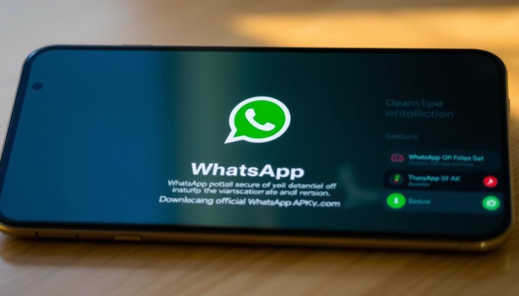 A sleek, modern Android smartphone screen displaying the WhatsApp APK installation process. In the foreground, a series of intuitive steps guide the user through the download, install, and setup of the latest WhatsApp APK version. The middle ground showcases the secure, official WhatsApp logo and branding, radiating a sense of trust and reliability. The background features a softly blurred, minimalist Android UI, creating a clean, distraction-free environment. Warm, natural lighting illuminates the scene, and a slightly tilted camera angle provides an engaging, interactive perspective. The overall mood is one of simplicity, efficiency, and the smooth integration of a trusted messaging app into the Android ecosystem.
