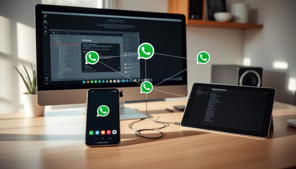 A sleek, modern home office setup with a desktop computer, a smartphone, and a tablet device prominently displayed. The devices are linked together, connected by a series of lines and arrows, indicating the limitations of WhatsApp's linked devices feature. The lighting is soft and natural, highlighting the interplay of technology and the constraints of the platform. The overall atmosphere is one of contemplation, inviting the viewer to consider the nuances and trade-offs of using WhatsApp across multiple devices.