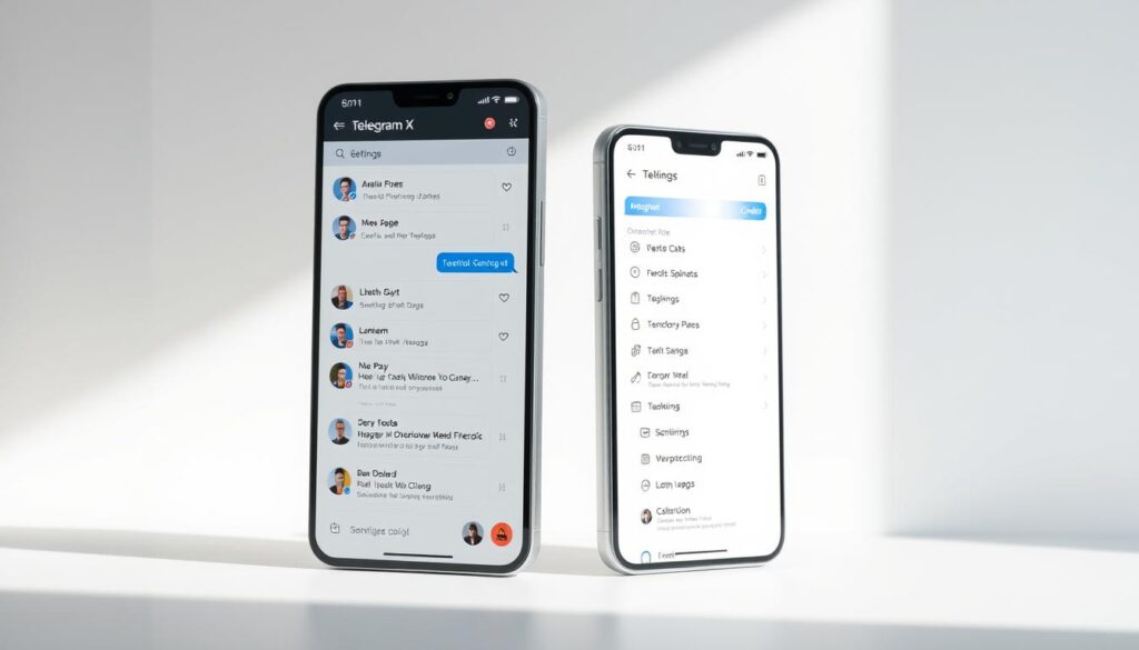 A sleek, modern interface of Telegram X app, showcasing its clean design and intuitive layout. The foreground features the main chat screen with user profile pictures, message bubbles, and a minimalist toolbar. The middle ground displays the side menu panel with customizable options and settings. The background subtly fades into a soft, gradient-based color scheme, creating a visually pleasing and distraction-free environment. The lighting is natural and diffused, casting gentle shadows and highlights to accentuate the interface elements. The camera angle is slightly angled, providing a dynamic and inviting perspective. The overall mood is one of simplicity, efficiency, and a focus on the core messaging functionality of the Telegram X app.