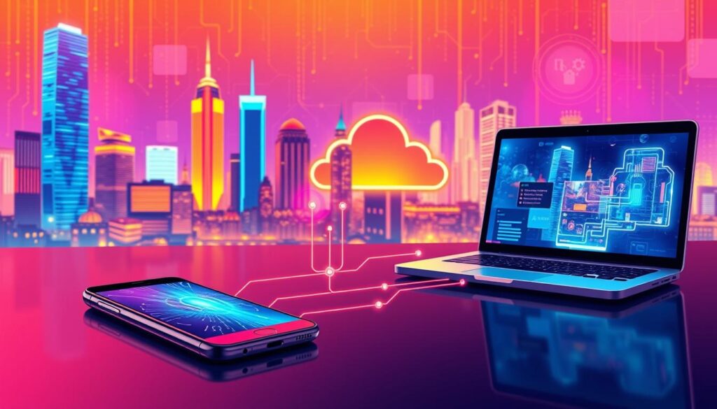 A vibrant, detailed illustration of data synchronization across multiple devices. In the foreground, a sleek smartphone seamlessly connected to a tablet and laptop, data flowing between them in the form of colorful digital streams. The middle ground features a stylized cloud network, representing the cloud-based infrastructure enabling real-time data sync. In the background, a futuristic cityscape with skyscrapers and glowing holograms, symbolizing the modern, interconnected digital landscape. The scene is bathed in a warm, neon-infused lighting, conveying a sense of technological sophistication and efficiency. The overall mood is one of seamless, effortless data synchronization between devices, reflecting the section title "Data Synchronization Between Multiple Devices".