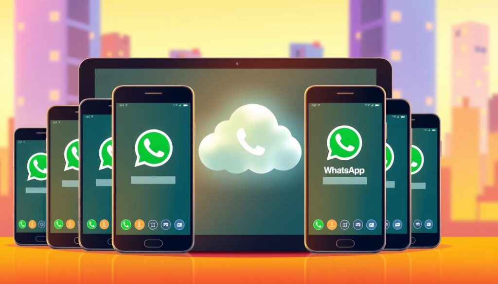 A vibrant, modern illustration showcasing the multi-device capabilities of the WhatsApp APK. In the foreground, several smartphones are displayed side-by-side, each displaying the WhatsApp interface. The devices are illuminated by a soft, warm light, creating a sleek and technologically advanced atmosphere. In the middle ground, a centralized cloud-like structure represents the seamless syncing of messages and data across the devices. The background features a subtly blurred cityscape, hinting at the ubiquity and versatility of the WhatsApp platform in the digital age. The overall composition conveys the effortless and efficient nature of using the WhatsApp APK on multiple devices.