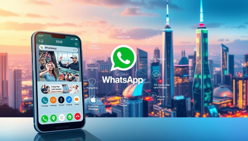 Detailed illustration of the latest WhatsApp APK features for Android in 2025. Foreground shows a sleek, modern WhatsApp interface with crisp icons and intuitive controls. Midground features an array of new functionalities like encrypted video calls, group collaboration tools, and integrated payment solutions. Background showcases a vibrant, futuristic cityscape with glowing skyscrapers and holograms, conveying a sense of technological advancement. Lighting is soft and diffused, with a warm color palette. Camera angle is slightly elevated, providing an overview of the comprehensive feature set. The overall mood is one of sophistication, efficiency, and seamless connectivity.